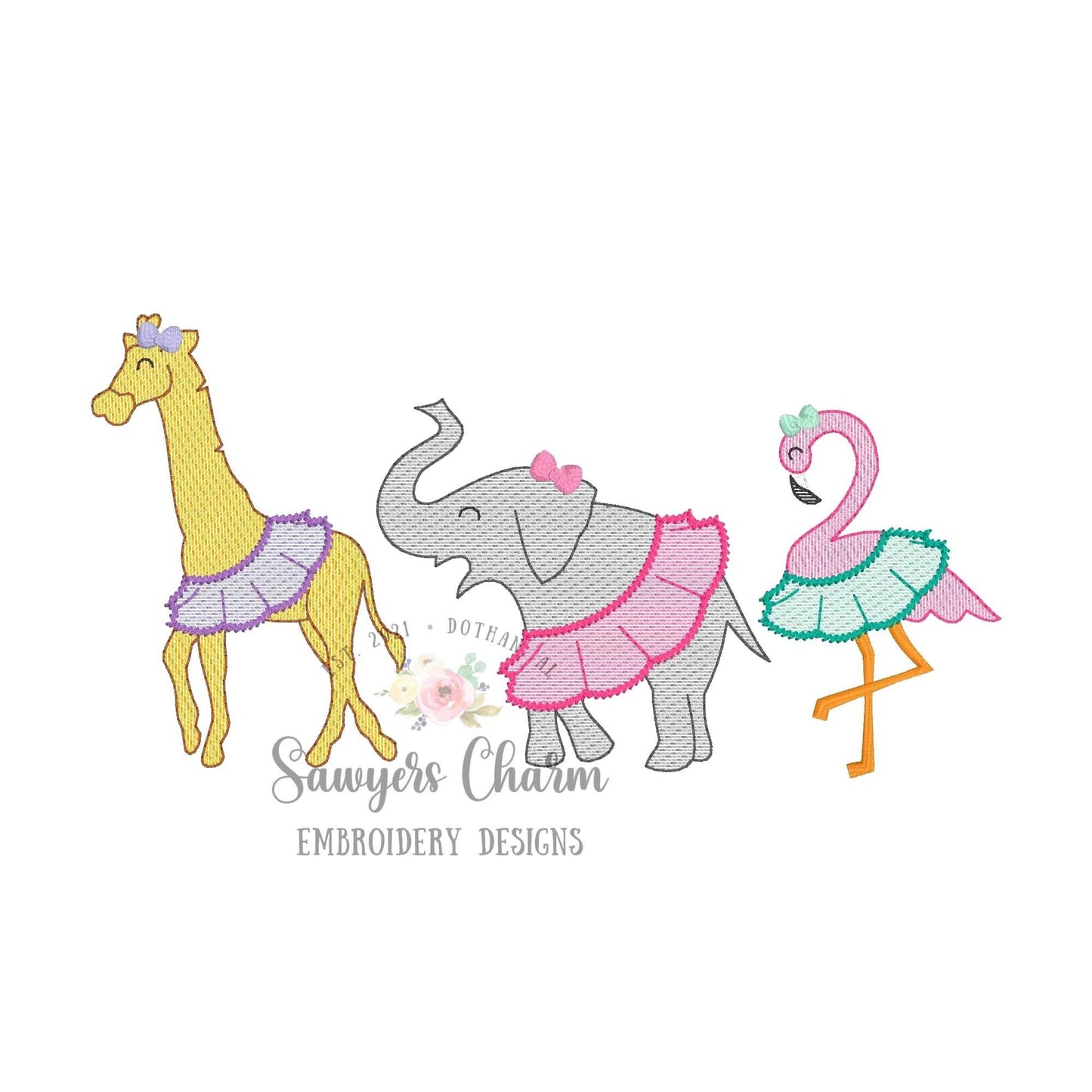 Zoo/jungle/safari animals in tutus with bows sketch stitch trio, machine embroidery design file, quick stitch, giraffe, elephant, flamingo