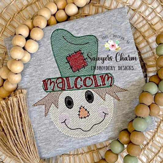 Boy Scarecrow with patch on hat sketch stitch machine embroidery design file, bean stitch details, fall, thanksgiving, quick stitch, harvest