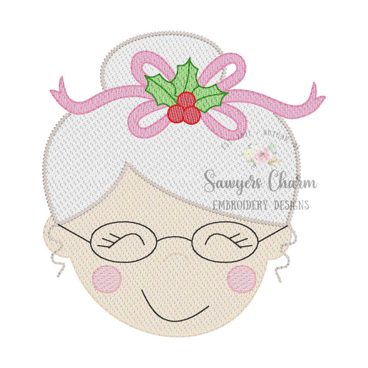 Mrs. Claus with glasses sketch stitch machine embroidery design file, Merry Christmas, happy holidays, winter, holly berries, bow