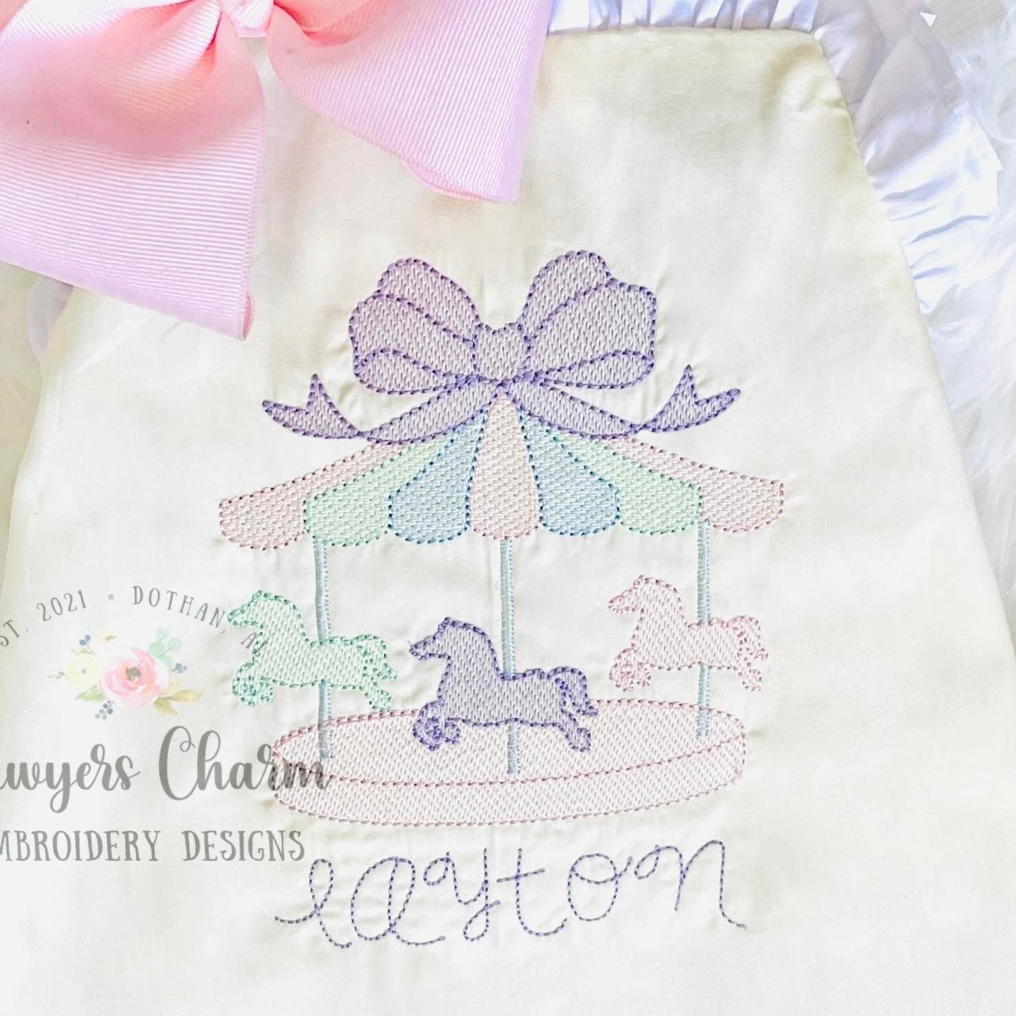 Carousel horses ride with bow sketch stitch machine embroidery design file, festival, rides, state fair, quick stitch, bean stitch details