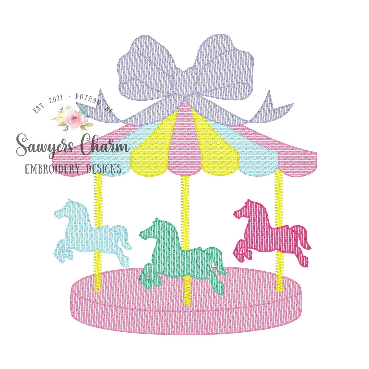 Carousel horses ride with bow sketch stitch machine embroidery design file, festival, rides, state fair, quick stitch, bean stitch details