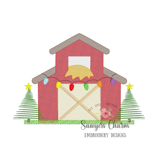Christmas Barn with trees and stars & lights sketch stitch machine embroidery design file, quick stitch/bean stitch details, rustic farm