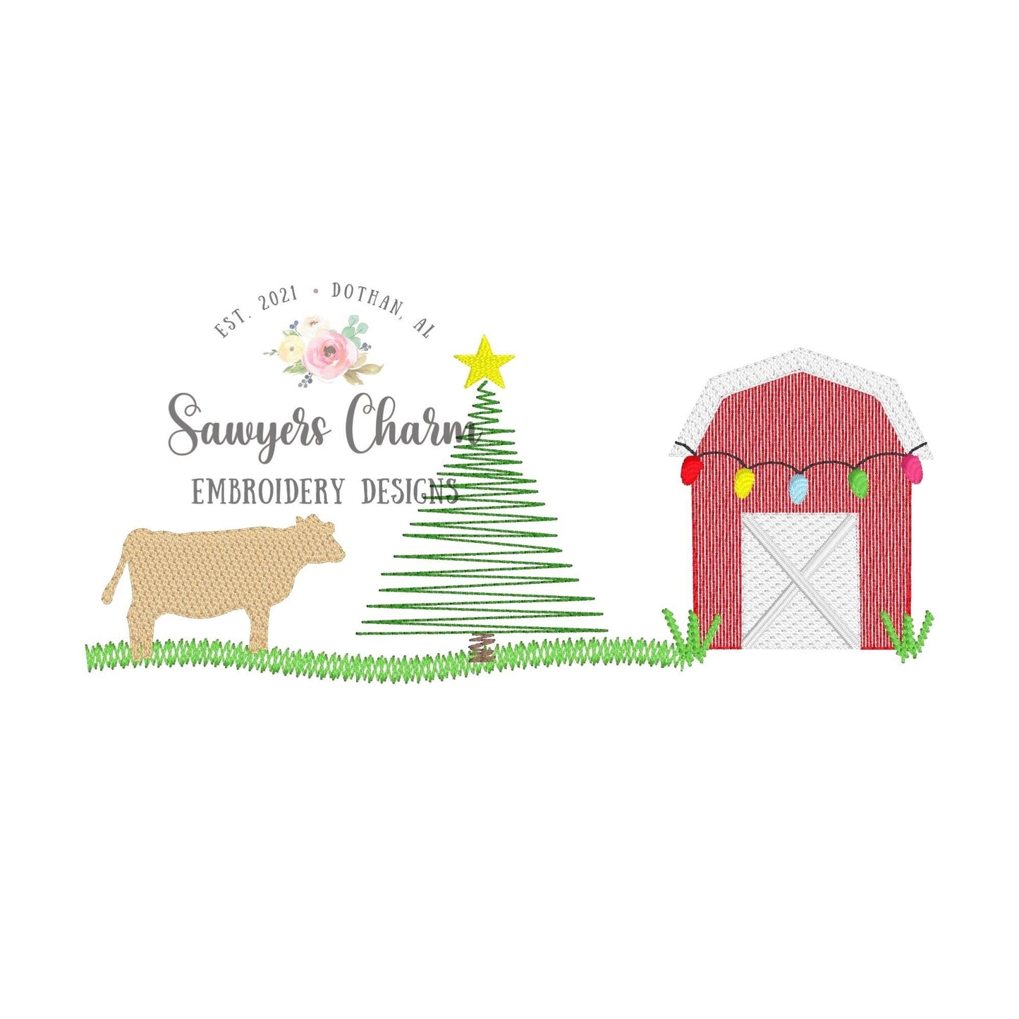 BUNDLE Christmas Cows with stars & bow sketch stitch machine embroidery design file, quick stitch, barn, farm animals, happy holidays