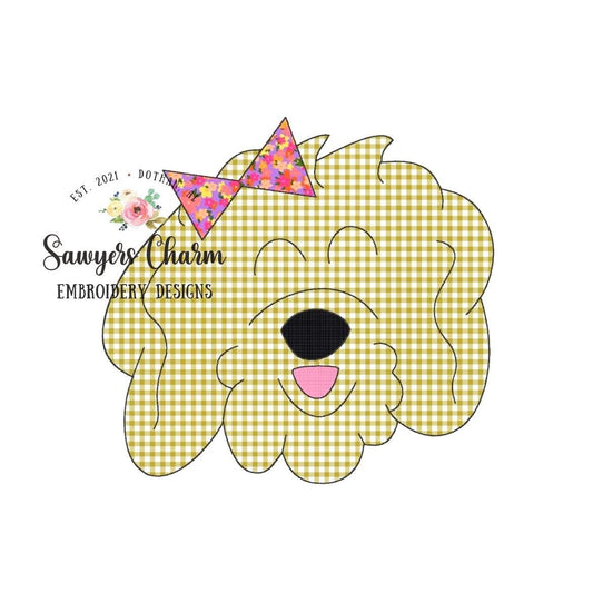 Golden doodle with bow bean stitch machine applique embroidery design file, labradoodle, puppy dog, quick stitch