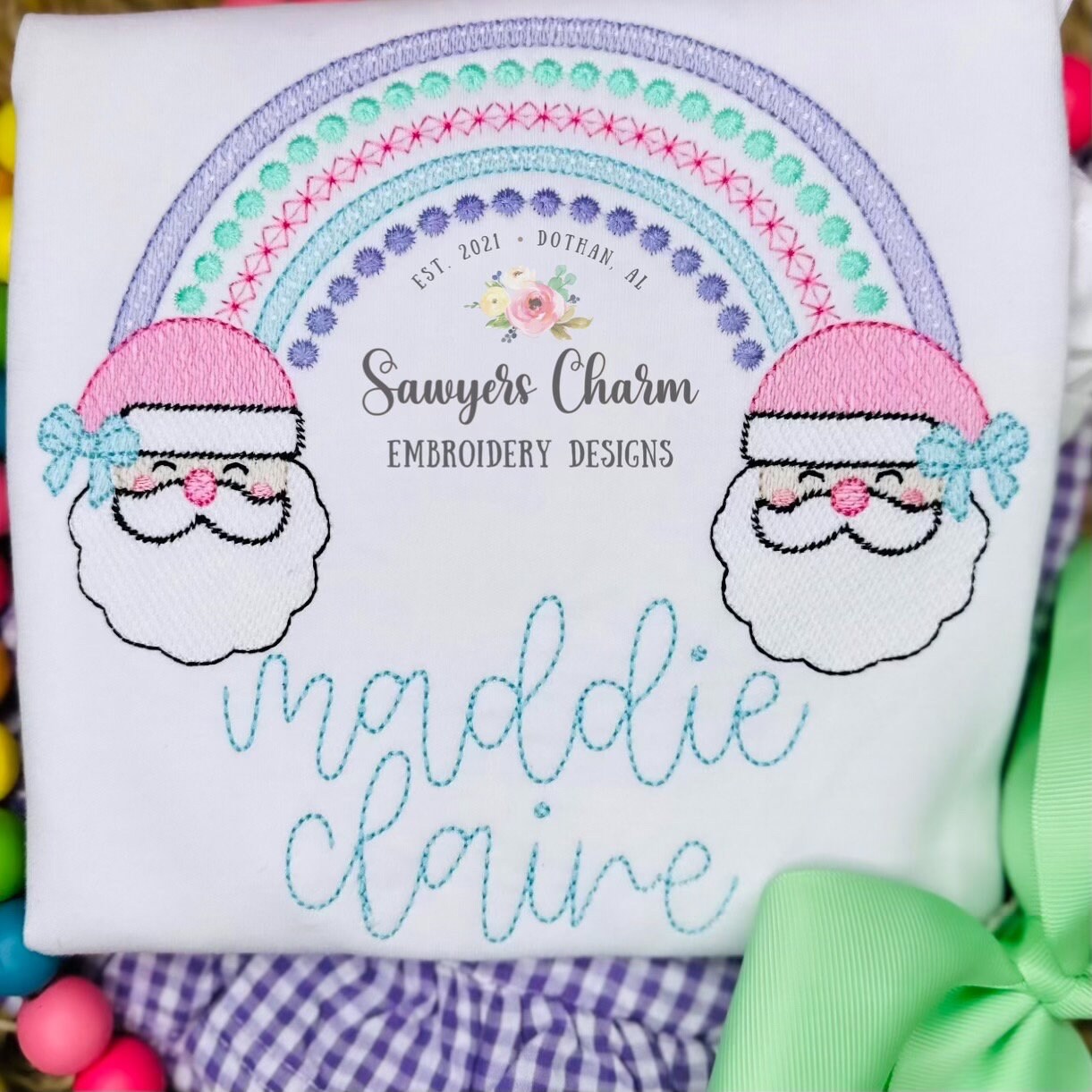 Santa Claus with bows rainbow sketch stitch machine embroidery design