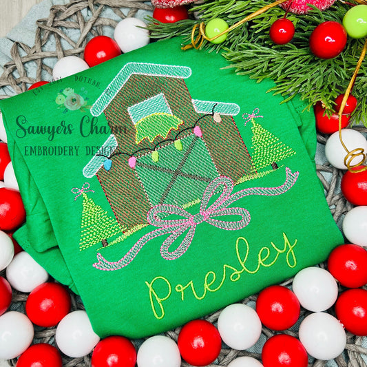 Christmas Barn and bow, Christmas trees & lights sketch stitch machine embroidery design file, quick stitch/bean stitch details, rustic farm