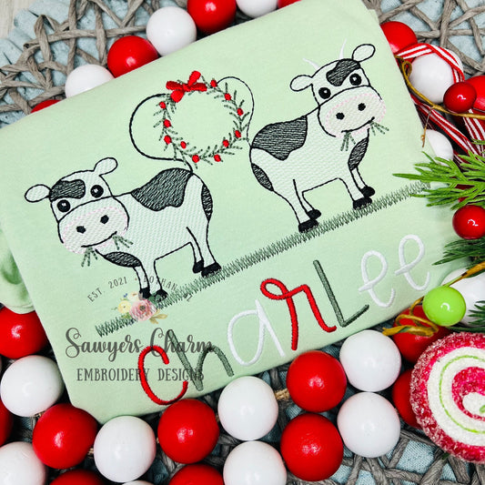 Christmas Cows with wreath & bow sketch stitch machine embroidery design file, quick stitch, bean stitch, farm animals, happy holidays santa