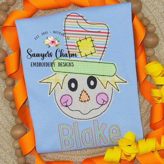 BUNDLE Boy Scarecrow with patch zig zag & bean stitch applique, machine embroidery design file, fall, thanksgiving, quick stitch, harvest