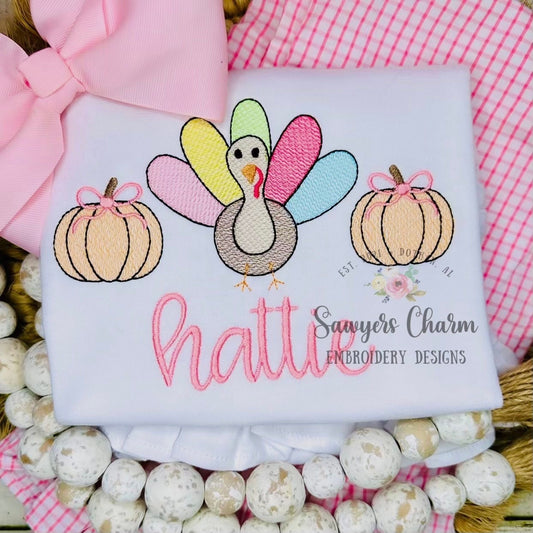 BUNDLE Turkey pumpkins trio with & without bows sketch stitch embroidery design file, fall, thanksgiving, quick stitch, bean stitch details