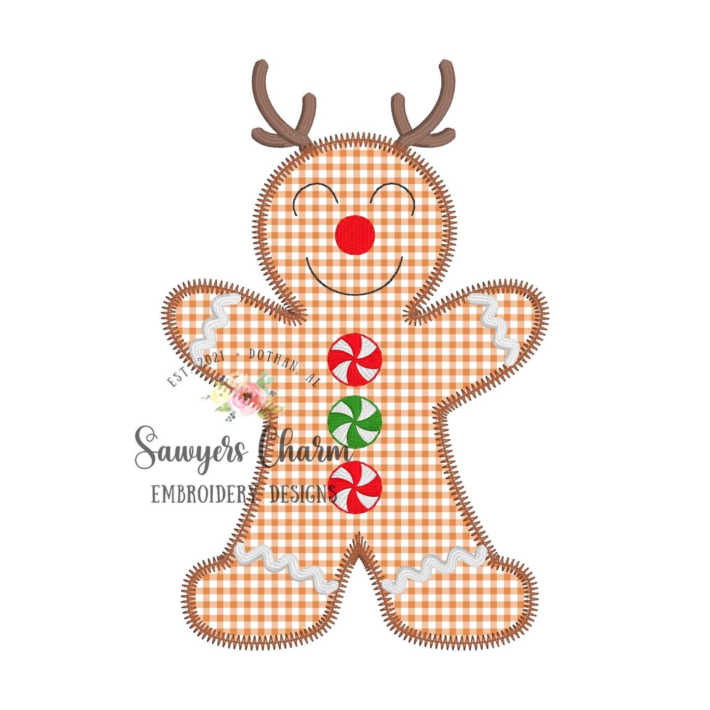 BUNDLE Gingerbread with reindeer antlers & peppermints bean/zig zag/satin stitch machine applique design embroidery file, Christmas cookie