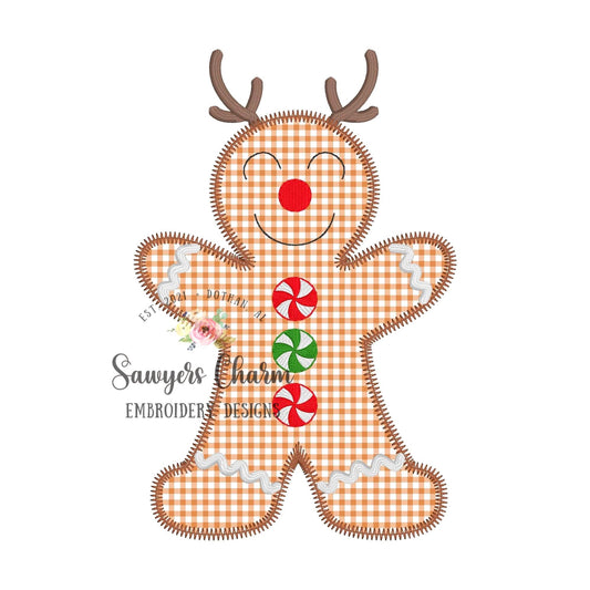 BUNDLE Gingerbread with reindeer antlers & peppermints bean/zig zag/satin stitch machine applique design embroidery file, Christmas cookie