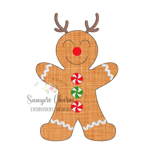 BUNDLE Gingerbread with reindeer antlers & peppermints bean/zig zag/satin stitch machine applique design embroidery file, Christmas cookie