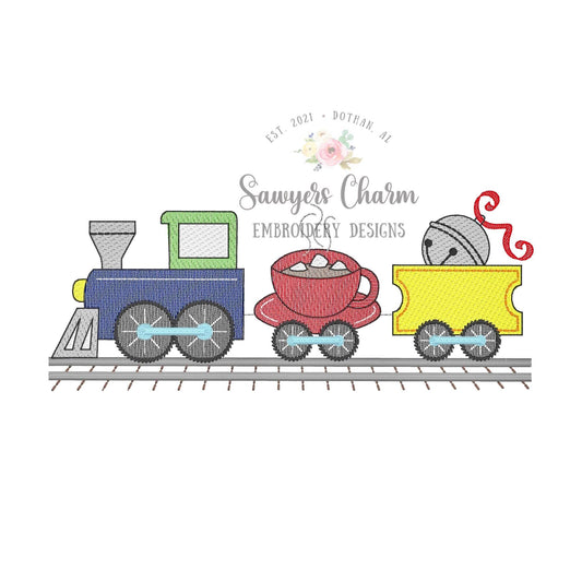 Christmas steam engine train, hot chocolate, believe ticket, jingle bell sketch stitch machine embroidery design file, happy holidays