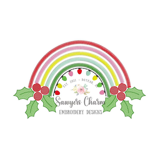 Holly berries with lights zig zag rainbow sketch stitch machine embroidery design file, quick stitch, Merry Christmas, happy holidays