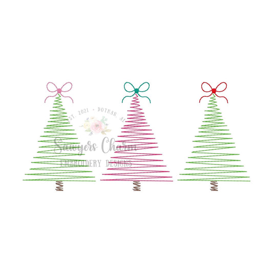 BUNDLE Christmas trees trio with bows & star bean stitch machine embroidery design file, quick stitch, happy holidays, merry christmas, boho
