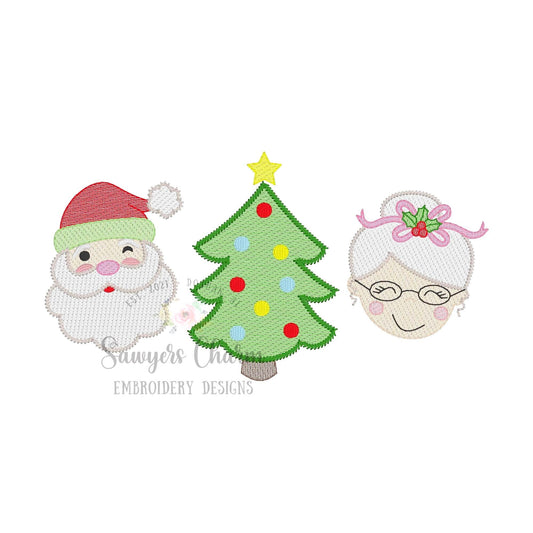 Santa/Christmas tree/Mrs. Claus trio sketch stitch machine embroidery design file, HO HO HO, merry, happy holidays, holly berries, bow