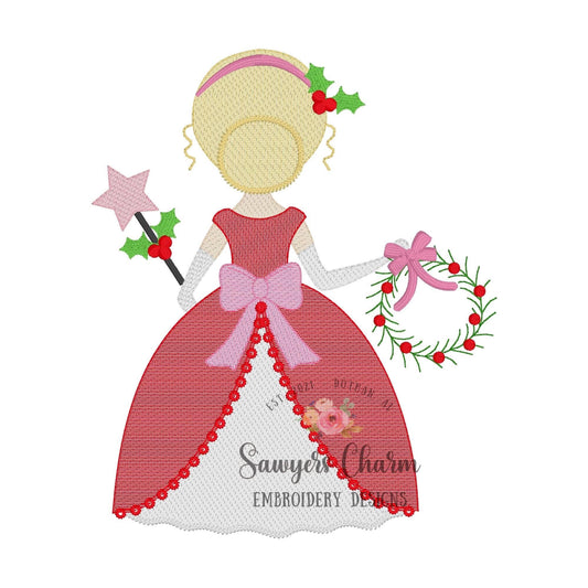 Christmas princess sketch stitch machine embroidery design file, fall, quick stitch, wreath, bow, holly berries, happy holidays, merry