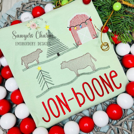 BUNDLE Christmas farm with two cows with stars & bow sketch stitch machine embroidery design file quick stitch, farm animals, rustic