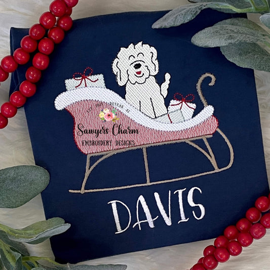 BUNDLE sleigh with (girl/boy) golden doodle & presents sketch stitch machine embroidery design file, holidays, Santa Claus, Merry Christmas