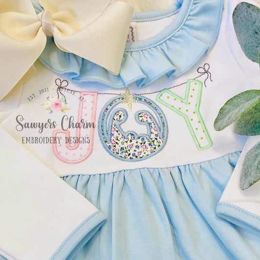 Christmas JOY bunting banner nativity satin stitch machine applique design, embroidery file, joy to the world, Jesus manger, Christmas story