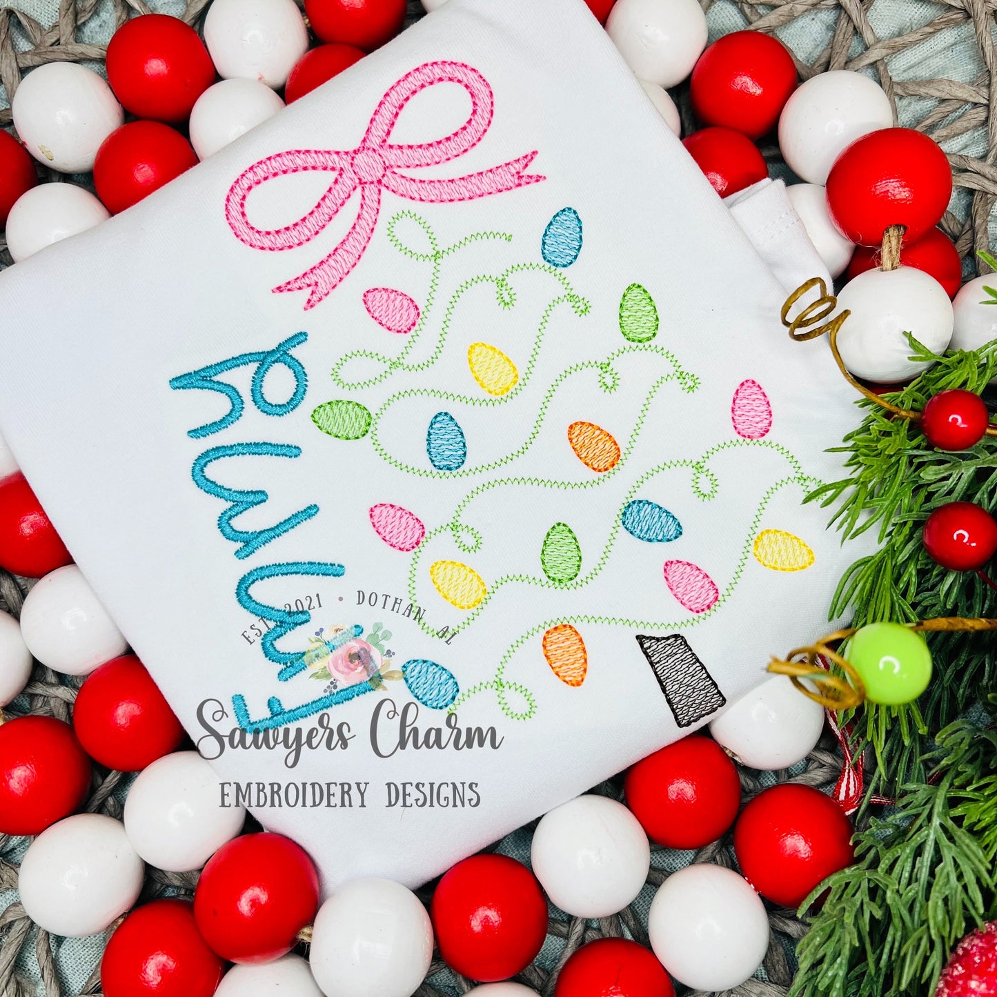 Christmas lights tree with bow sketch stitch machine embroidery design file, quick stitch, happy holidays, bean and zigzag stitch details