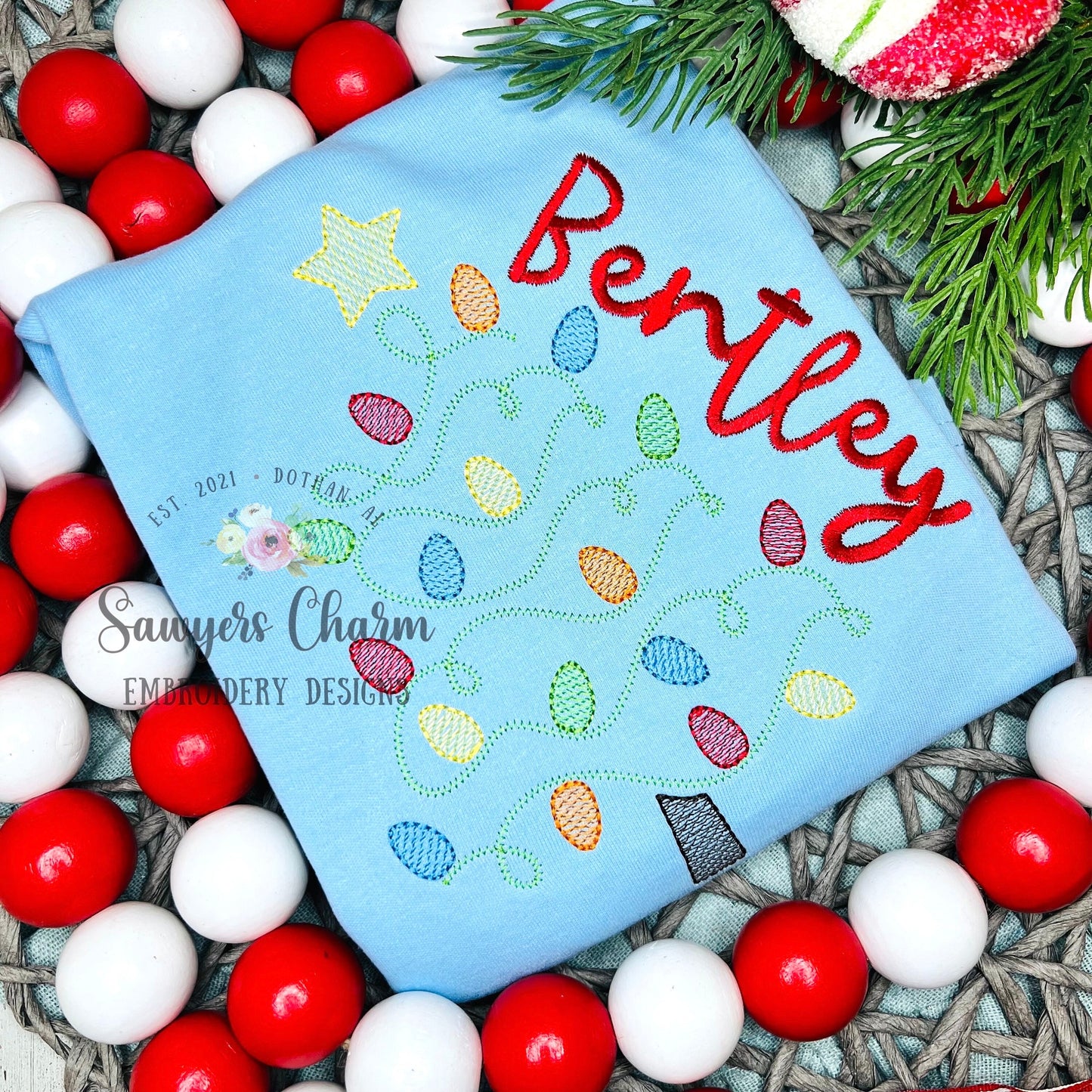 Christmas lights tree with star sketch stitch machine embroidery design file, quick stitch, happy holidays, bean and zigzag stitch details