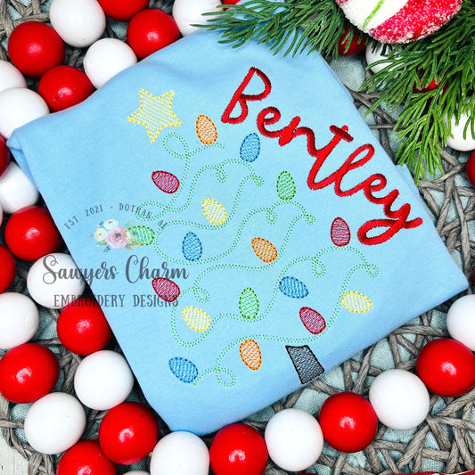Christmas lights tree with star sketch stitch machine embroidery design file, quick stitch, happy holidays, bean and zigzag stitch details