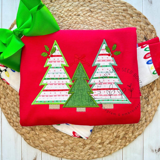 Christmas tree trio with holly berries & bow, satin stitch machine applique, embroidery design file, happy holidays, boho/woodland