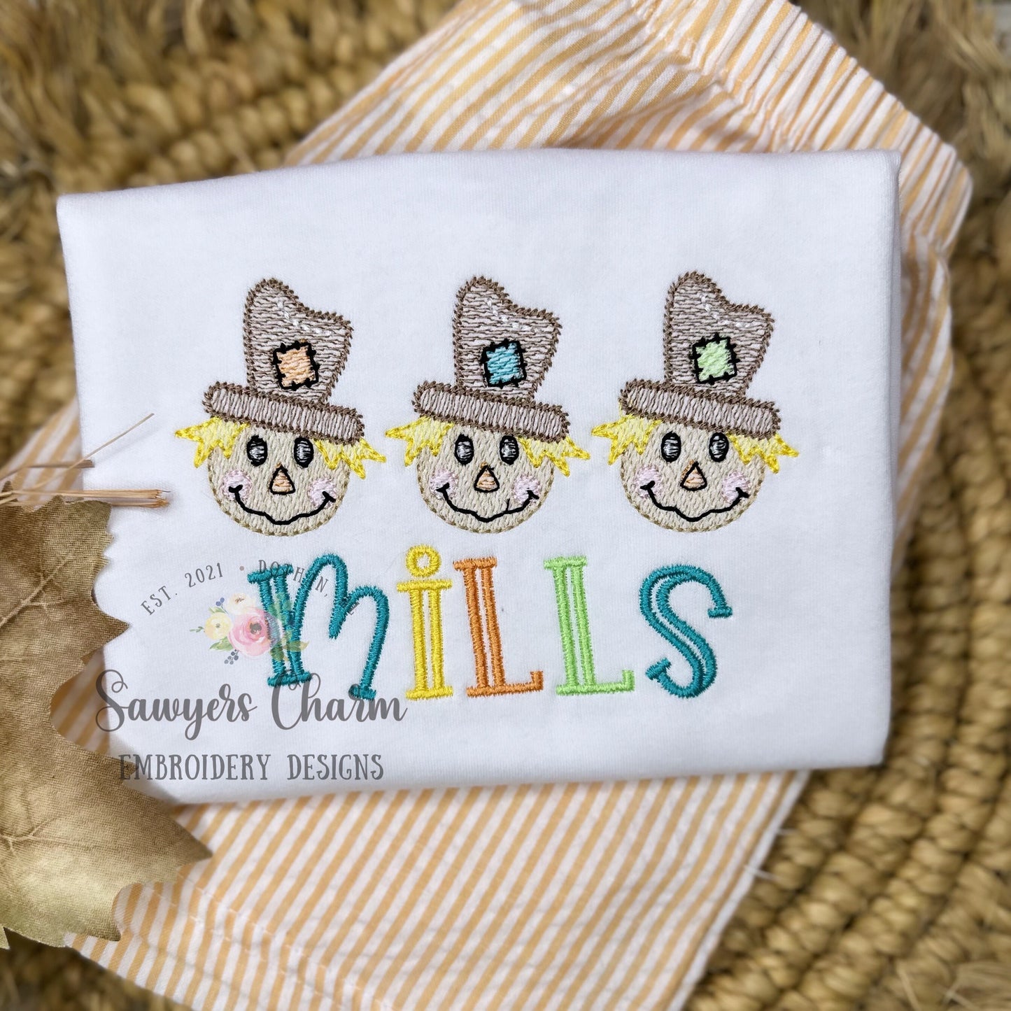 Boy Scarecrow with patch on hat sketch stitch trio, machine embroidery design file, bean stitch details, fall, thanksgiving, quick stitch