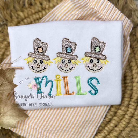 Boy Scarecrow with patch on hat sketch stitch trio, machine embroidery design file, bean stitch details, fall, thanksgiving, quick stitch