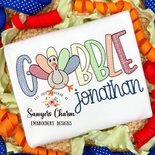 GOBBLE Turkey sketch stitch embroidery design file, fall, thanksgiving, quick stitch, bean stitch details