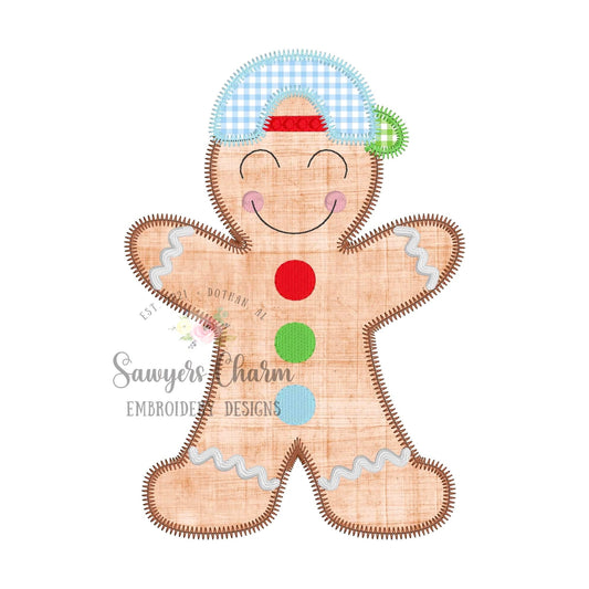 BUNDLE Gingerbread boy with hat/cap bean stitch, zig zag & satin, machine applique design embroidery file, quick stitch, Christmas cookie