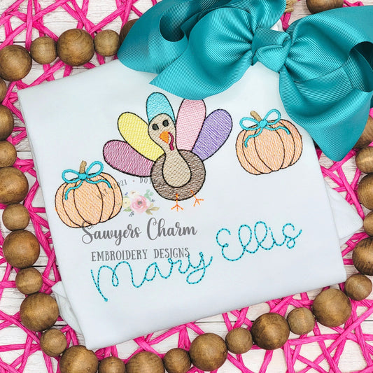 BUNDLE Turkey pumpkins trio with & without bows sketch stitch embroidery design file, fall, thanksgiving, quick stitch, bean stitch details