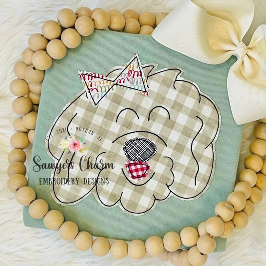 Golden doodle with bow bean stitch machine applique embroidery design file, labradoodle, puppy dog, quick stitch