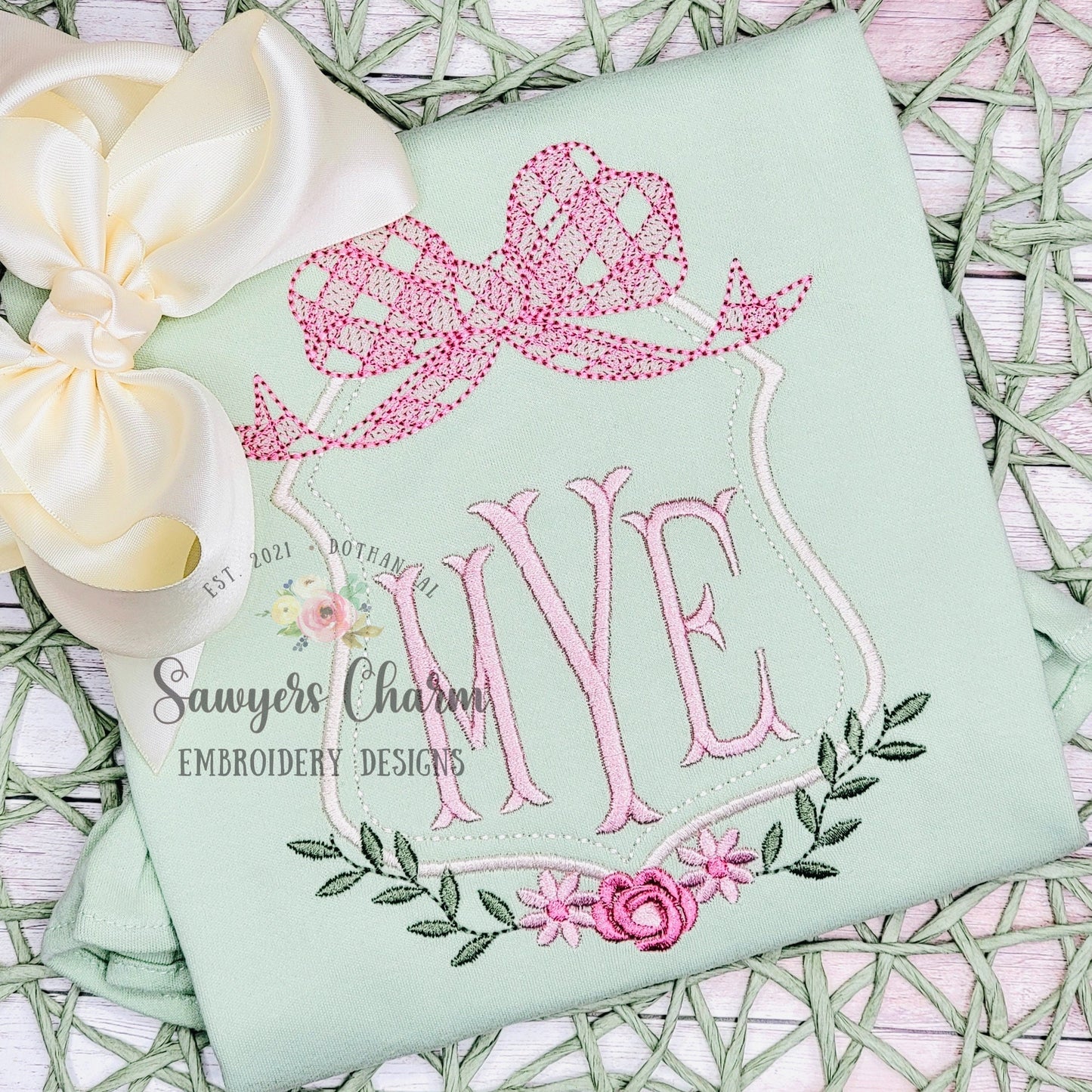 Gingham bow floral monogram frame, satin stitch/sketch stitch machine embroidery design file, quick stitch, flowers, laurel swag, crest