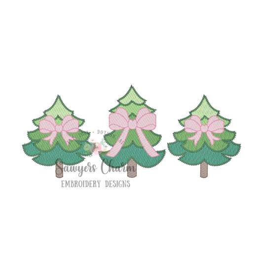 Whimsy Christmas trees with bows sketch stitch trio, machine embroidery design file, quick stitch, holidays, bean stitch details, woodland