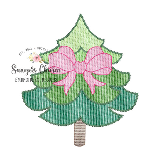 Wide whimsy Christmas tree with bow sketch stitch machine embroidery design file, quick stitch, holidays, bean stitch details, woodland boho