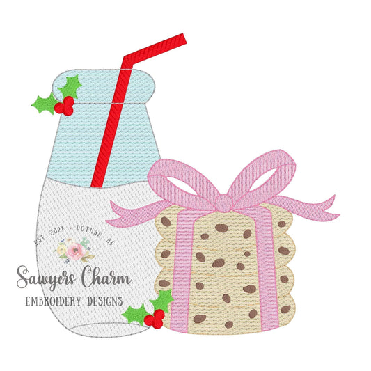 Milk & stacked cookies with bow sketch stitch machine embroidery file, holly berries, happy holidays, Merry Christmas, Santa Claus