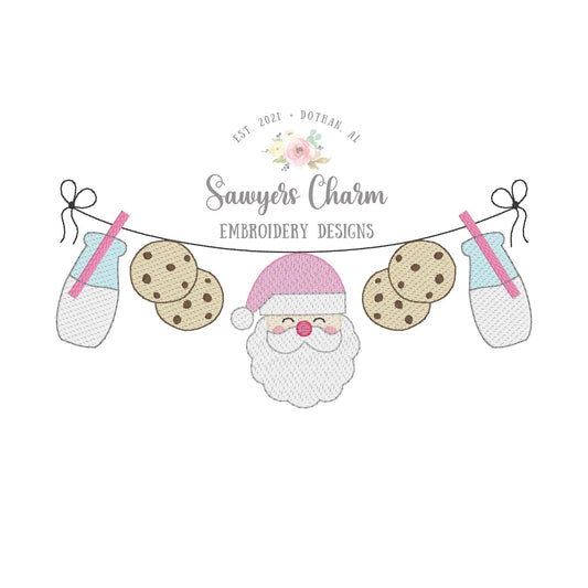 BUNDLE Santa Claus milk & cookies bunting banner with and without bow sketch stitch machine embroidery file, Happy holidays, Merry Christmas