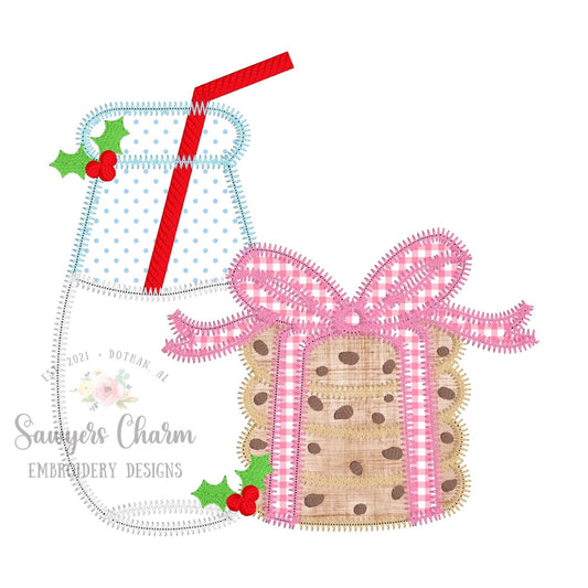 BUNDLE Milk & stacked cookies with bow bean/zigzag stitch applique, machine embroidery file, holly berries, happy holidays, Merry Christmas