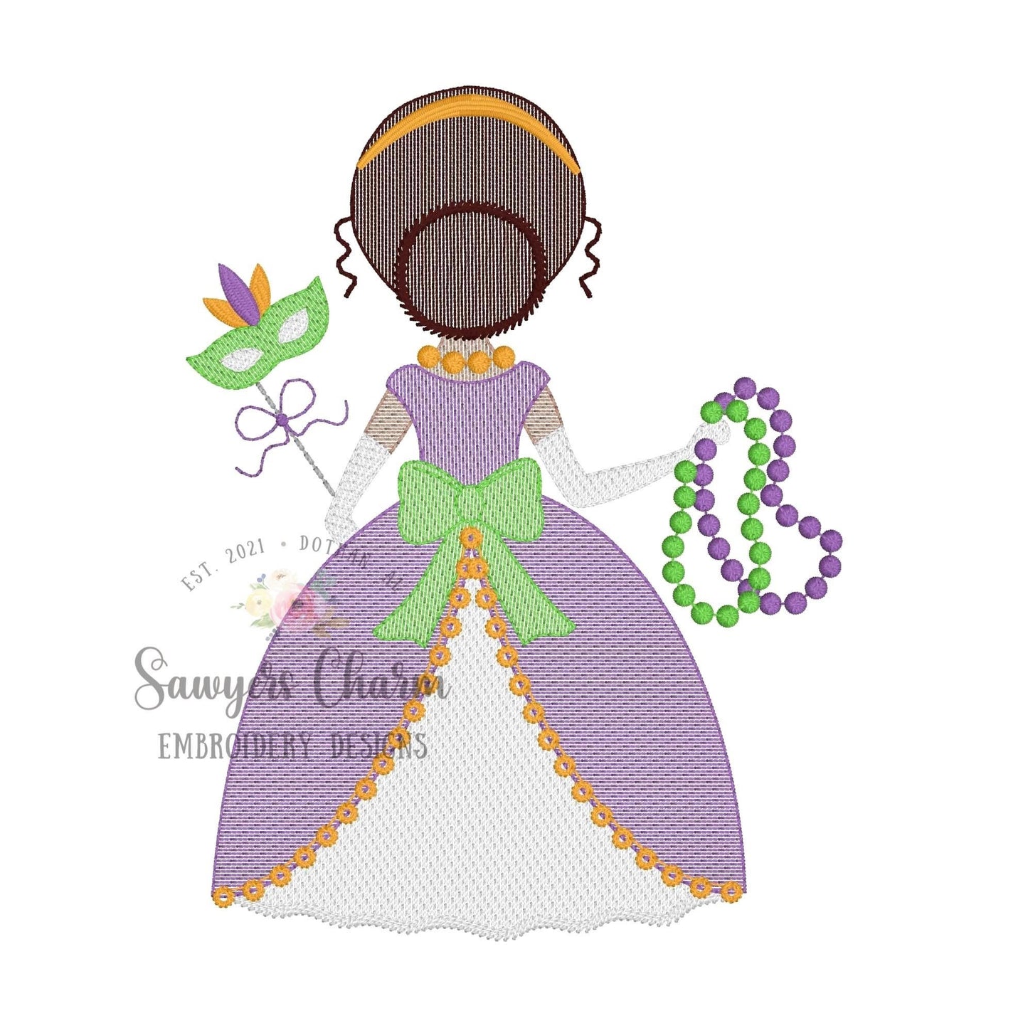 Mardi gras princess sketch stitch machine embroidery design file, quick stitch, mask, fleur de lis, necklace beads, bow, magic wand