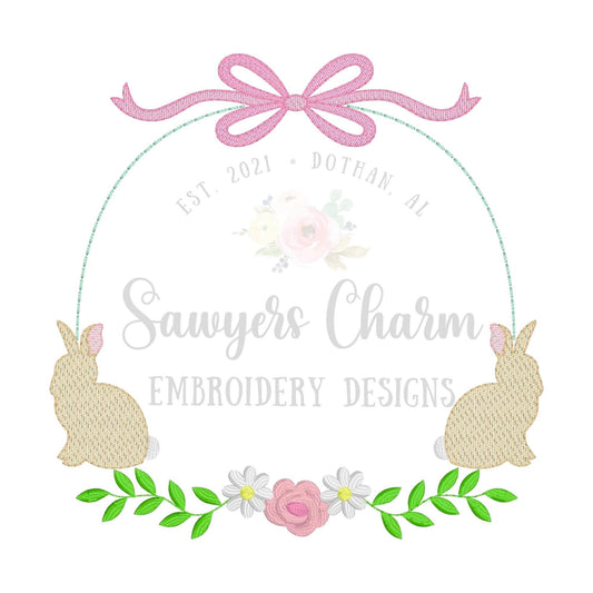 Floral bunny monogram frame with bow, satin stitch/sketch stitch machine embroidery design file, quick stitch, flowers, laurel swag, spring