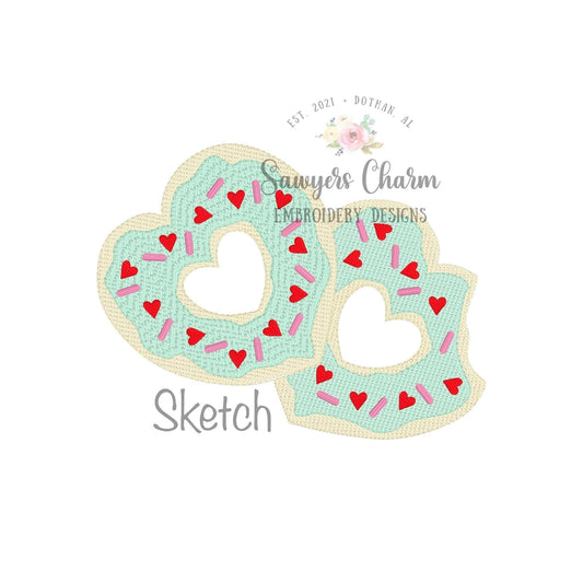 Valentine's Day two heart donuts with sprinkles & bite sketch stitch machine embroidery design file, quick stitch, XOXO love hugs and kisses