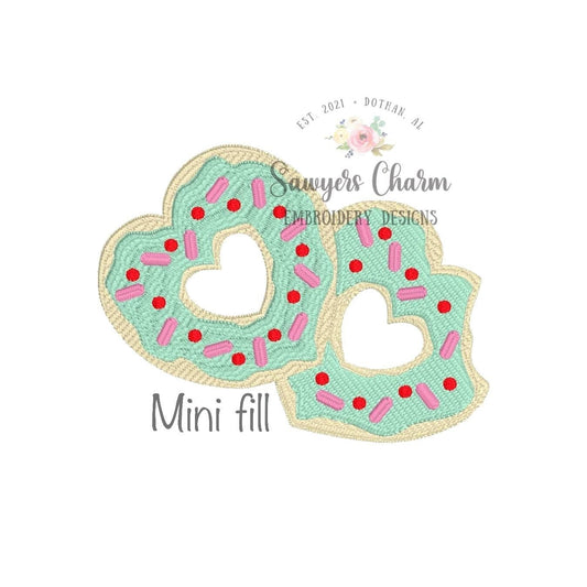 Valentine's Day two heart donuts with sprinkles & bite mini fill machine embroidery design file, quick stitch, XOXO love hugs and kisses