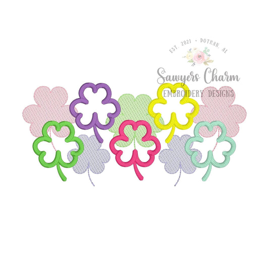 Overlapping shamrocks sketch stitch and satin stitch machine embroidery design file, quick stitch, St. Patrick's Day, lucky charm, good luck
