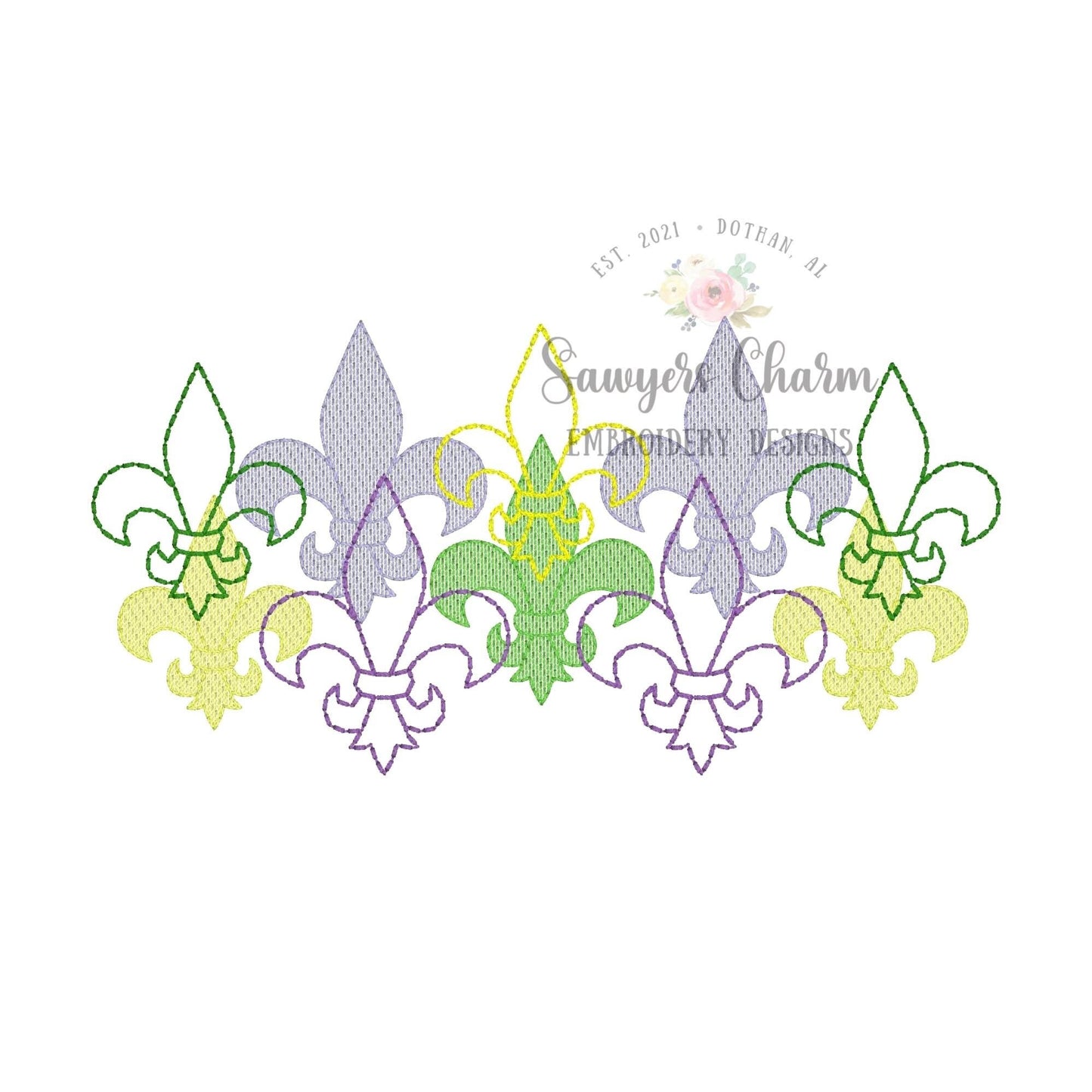 Overlapping fleur de lis sketch stitch and bean stitch machine embroidery design file, quick stitch, Mardi Gras, beads, throw me something