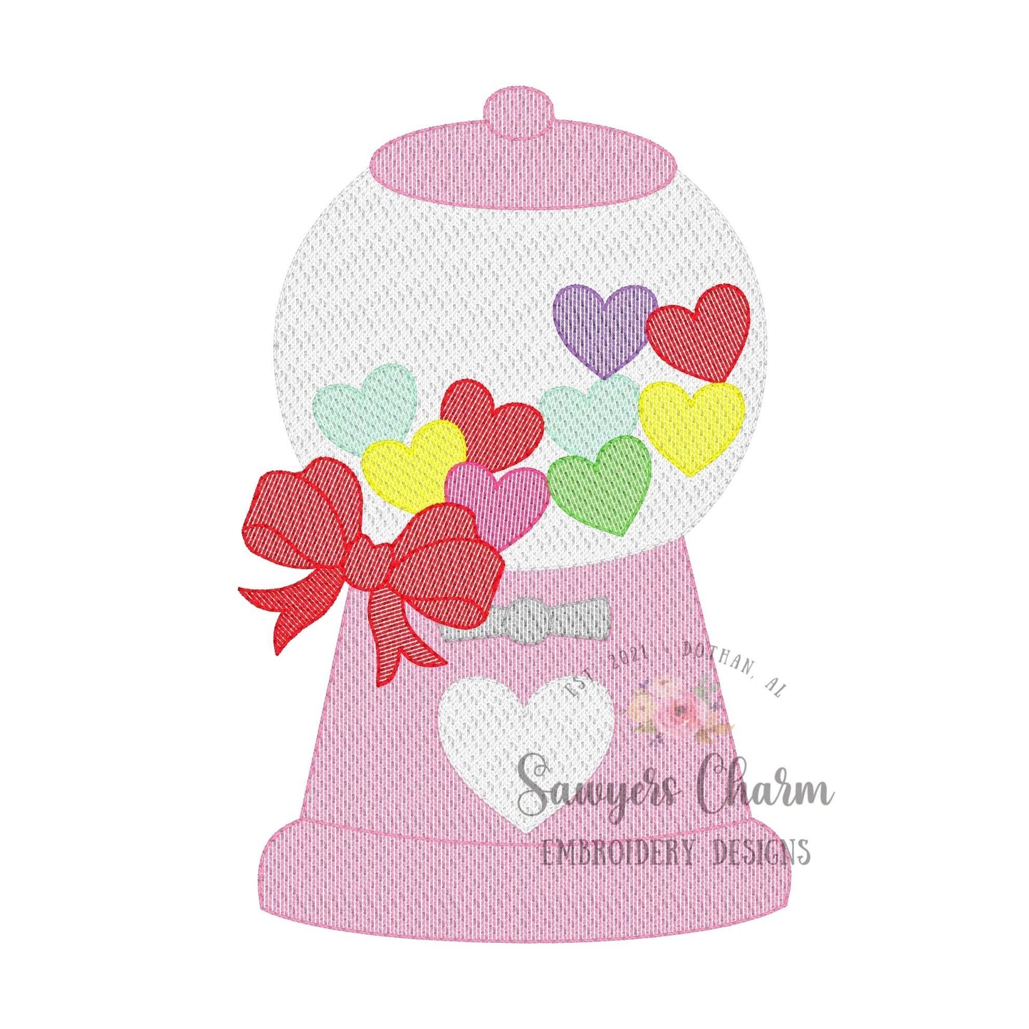 Heart gumball machine with bow sketch stitch embroidery design file, Valentine's Day, love, hugs and kisses, candy hearts