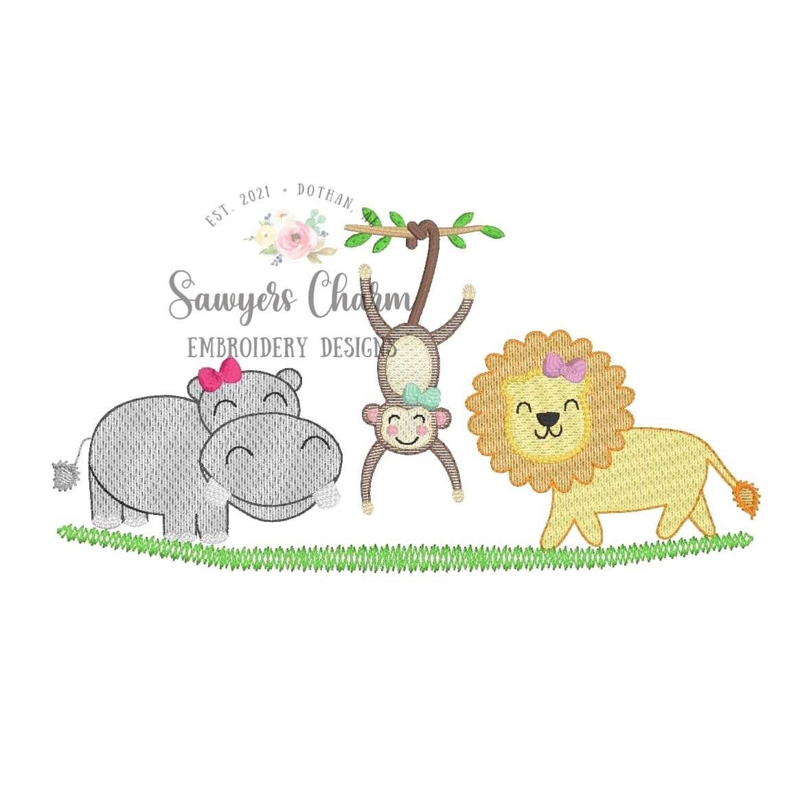 BUNDLE Zoo/jungle/safari animals with & without bows sketch stitch trio, machine embroidery design file, hippo, monkey on vine, lion