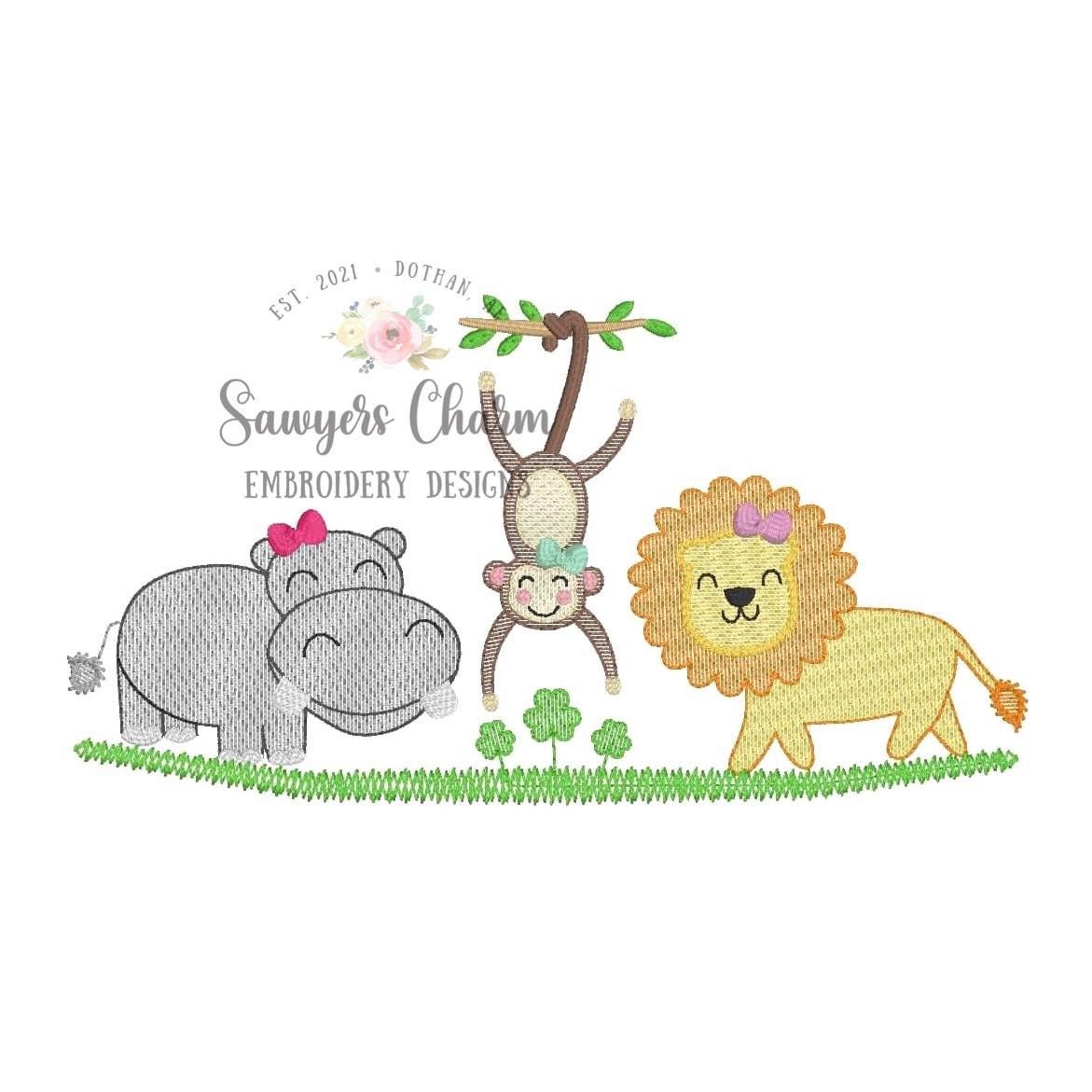 BUNDLE Zoo/jungle/safari animals and shamrocks with & without bows sketch stitch trio, machine embroidery design file, hippo, monkey, lion