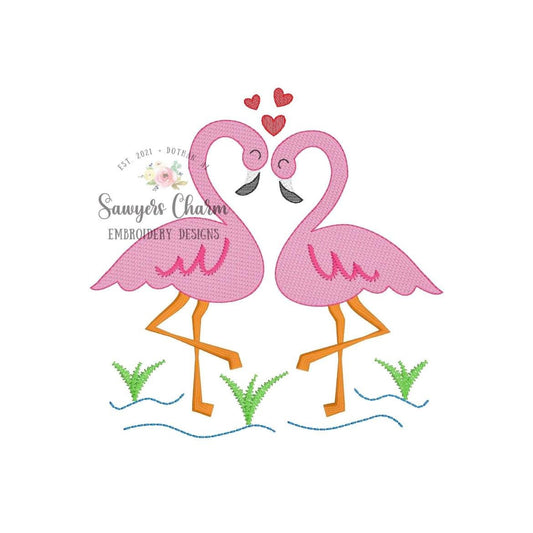 Pair of flamingos with hearts sketch stitch machine embroidery design file, love birds, water, zoo, quick stitch, bean stitch details, xoxo